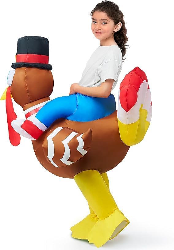 One Size Spooktacular Creations Thanksgiving Turkey Inflatable Costume for Kids, Blow up Costume Riding a Turkey Ride-on for Halloween Party, Cosplay event, Halloween Inflatable Costumes for Boys and Girls